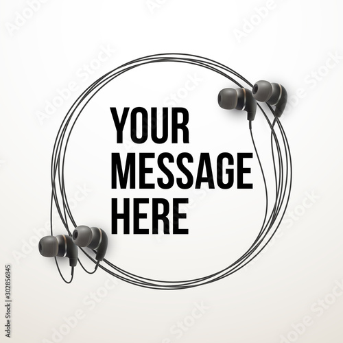 Innovative vector music quotation template in headphones quotes on the White backdrop. Creative vector banner illustration with quote in a frame with Black quotes. Template modern headset design.