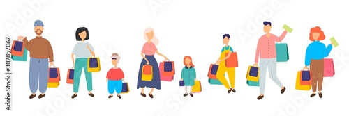 People shopping in mall vector cartoon characters set. Family with children and shopping bags. Collection of people carrying shopping bags with purchases. Men and women taking part in seasonal sale at © pushkaash