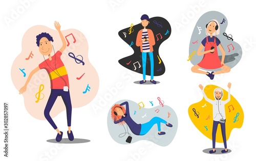 Set of joyful people wearing earphones and headphones, listening to music and dancing. Bundle of happy boys and girls using audio player isolated on white background. Flat cartoon vector illustration.