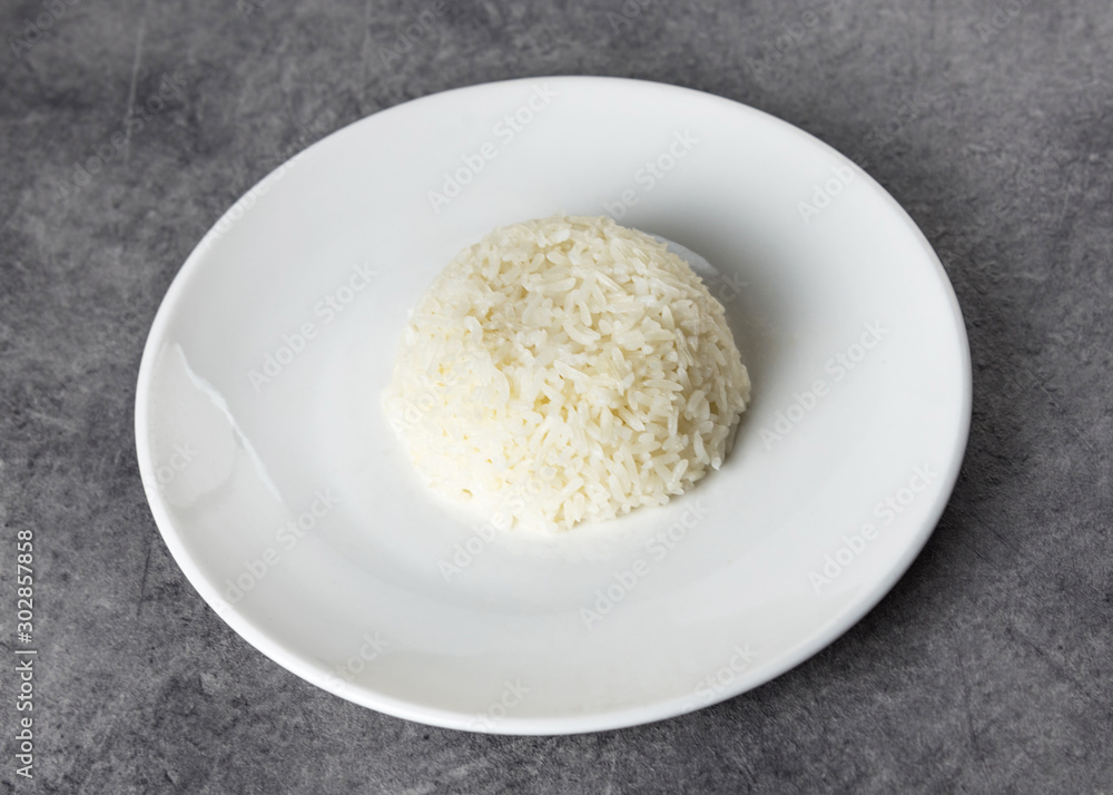 Cooked rice on a white plate, Jasmine rice