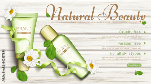 Natural cosmetics bottles with chamomile top view mock up banner. Cruelty and paraben free beauty product cream and lotion tubes for all skins types. Eco cosmetic. Realistic 3d vector illustration