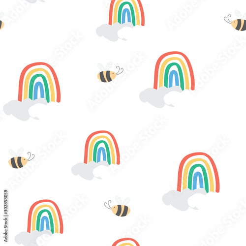 Kids pattern with cute rainbow and bee in the white backdrop