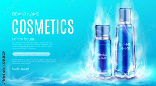 Cosmetics bottles in dry ice smoke cloud mockup background. Cooling beauty cosmetic product tubes, makeup remover, cream or tonic advertising promo poster. Realistic 3d vector illustration, banner.