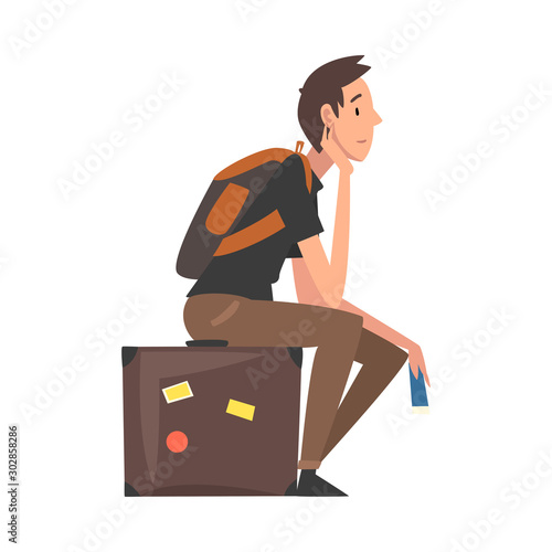 Man Sitting on Suitcase Waiting for Departure, Guy Travelling on Summer Vacation Vector Illustration