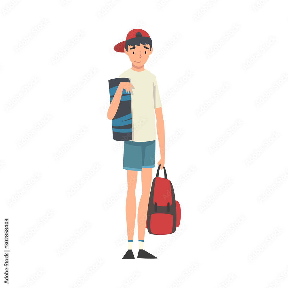 Teenage Boy Standing with Backpack, Boy Travelling on Summer Vacation Vector Illustration Teenage Boy Standing with Backpack, Boy Travelling on Summer Vacation Vector Illustration
