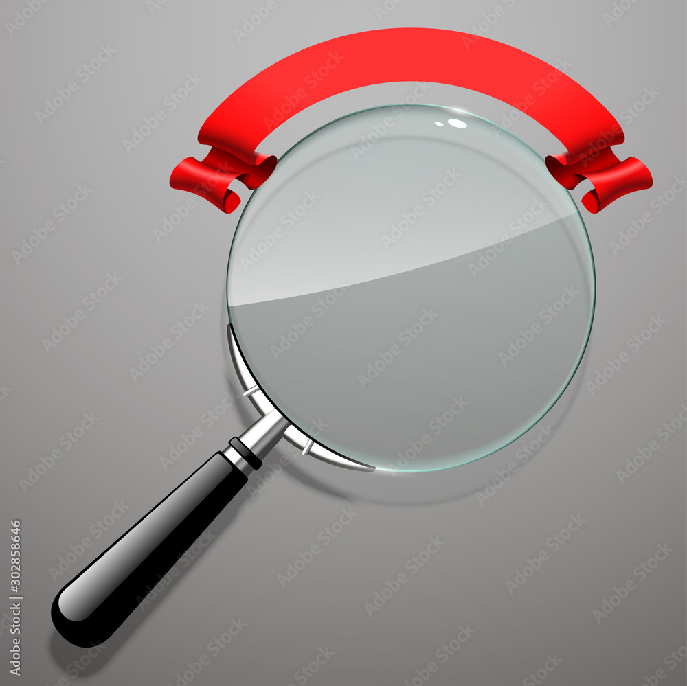 Innovative illustration 3d realistic loupe icon search isolated with red ribbon. Creative banner illustration search answers. modern design magnifying glass logo for Zoom And Tool with red ribbon