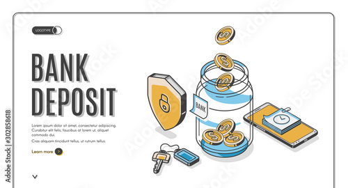 Bank deposit isometric landing page, dollar coins falling to glass jar with shield, keys and mobile phone around, investment increase money saving business. 3d vector illustration, line art web banner