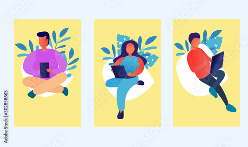 Set of people with gadgets. Men and woman use their smartphones, read online news, play games, social network, internet 4g, searching Job, Online Interview.