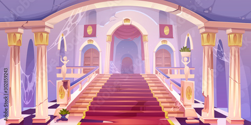 Abandoned castle staircase, empty old palace hall entrance interior with spider web, cracked pillars, statues, dilapidated rag and wood doors, medieval antique architecture Cartoon vector illustration