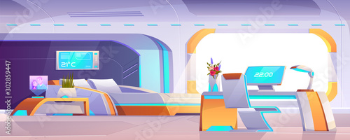 Futuristic bedroom with furniture, empty apartment or space ship interior with neon glowing bed, chair, table, pc monitor, climate control panel, hologram hub, potted plant Cartoon vector illustration