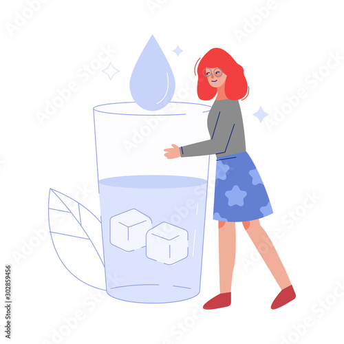 Young Woman Drinking Fresh Clean Water from Big Glass to Keep Body Healthy Vector Illustration