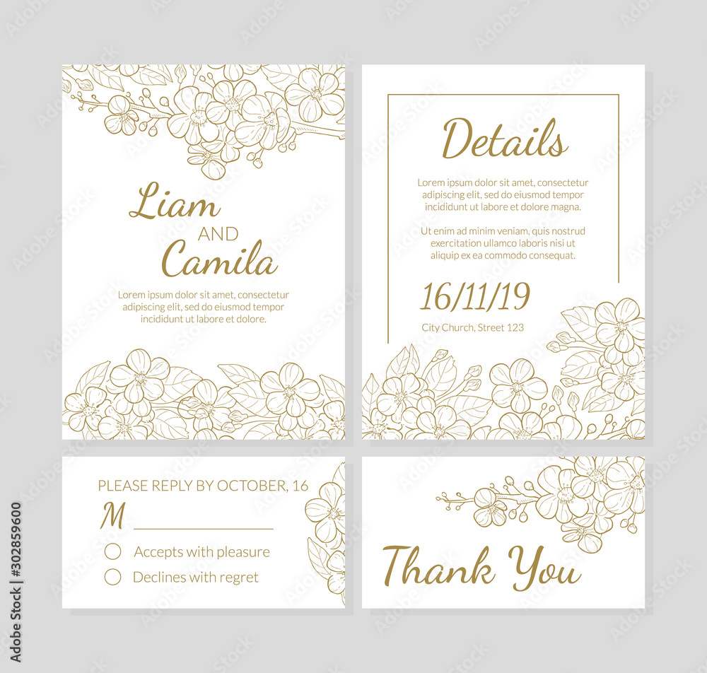 Wedding Invitation Template Set, Thank You, Card with Hand Drawn Flowers and Space for Text Vector Illustration