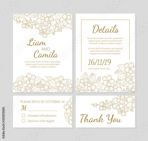 Wedding Invitation Template Set, Thank You, Card with Hand Drawn Flowers and Space for Text Vector Illustration