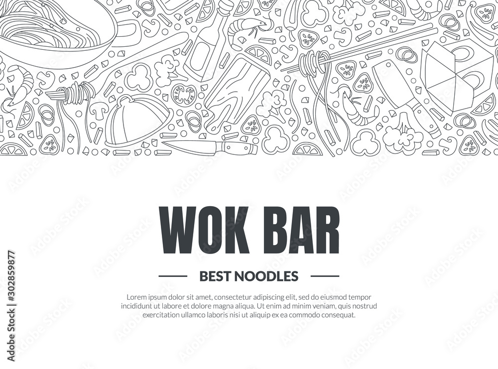 Work Bar, Best Noodles Banner Template, Asian Cuisine Design Element Can Be Used for Menu, Cafe, Restaurant, Bar or Food Festival Monochrome Hand Drawn Vector Illustration