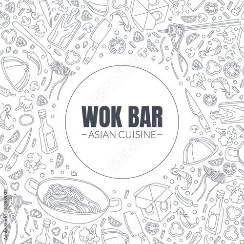 Work Bar Asian Cuisine Banner Template, Menu, Cafe, Restaurant, Bar or Food Festival Hand Drawn Vector Illustration
