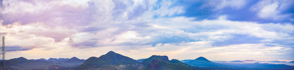 Panorama from Phu Lamduan. The view from the mountain top. Wide angle point to view the mountain range and dramatic sky. Province Loei, unseen in Thailand