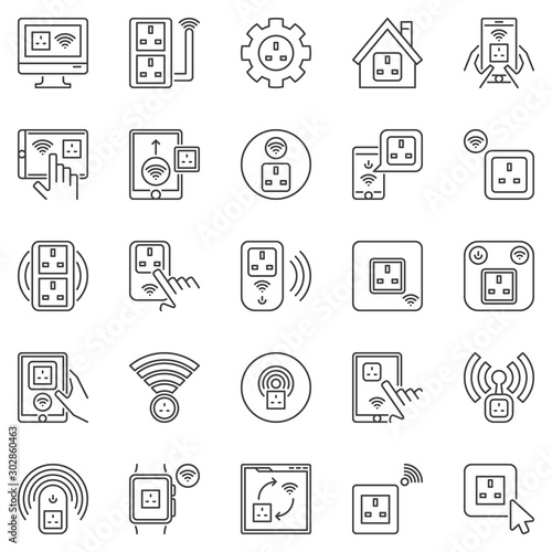 UK Smart Socket outline icons set - vector smartsockets or plugs concept symbols in thin line style