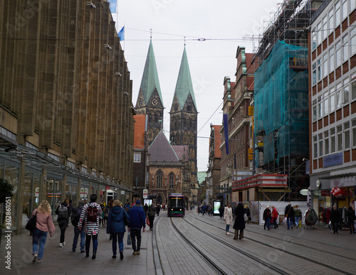 Street view of Bremen city, Germany. Modern and medieval part of city