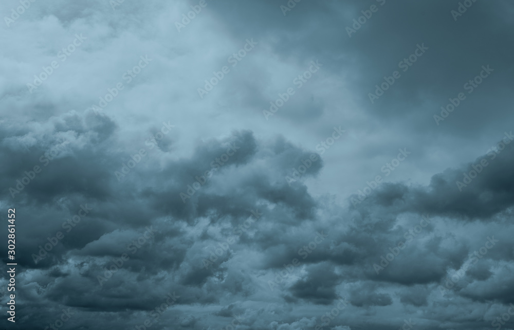 Dark dramatic sky and clouds. Background for death and sad concept. Gray sky and fluffy white clouds. Thunder and storm sky. Sad and moody sky. Nature background. Dead abstract background. Cloudscape. - obrazy, fototapety, plakaty 