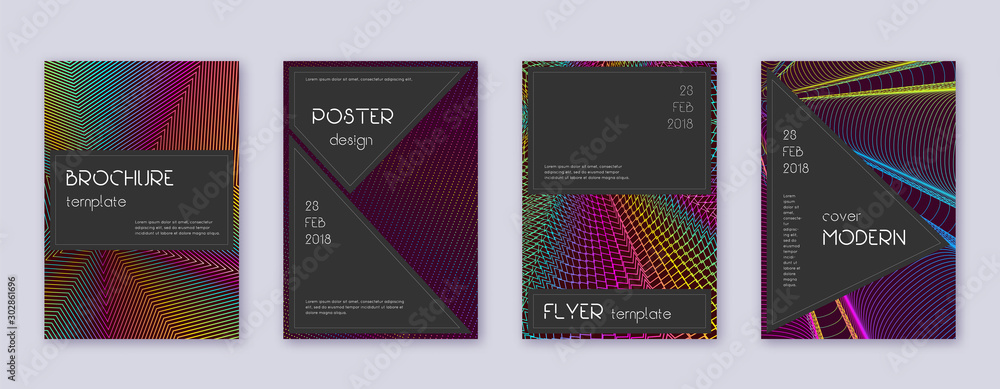 Black brochure design template set. Rainbow abstra