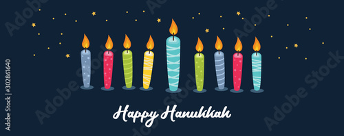 Greeting card for jewish holiday of Hanukkah. Colorful candles on night background. vector illustraation