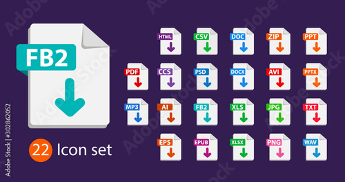 Collection of vector icons. Sign Download fb2 on dark background. File format extensions icons. PDF, MP3, TXT, DOC, DOCx, ZIP, PPTx, XLSx JPG PSD AVI