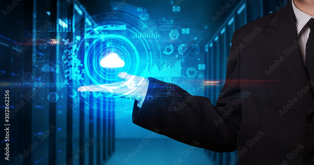 Man holding hologram projection displaying biometric security concept Man holding hologram projection displaying biometric security concept