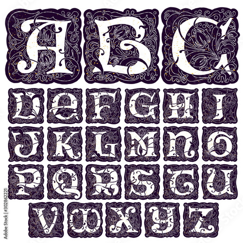 Antique illustration of ornate alphabet with grange gold texture.