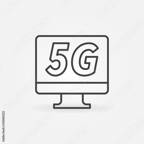 Computer monitor with 5G concept vector icon or symbol in thin line style