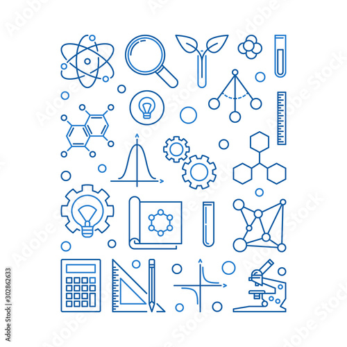 Vector STEM - Science, Technology, Engineering and Math concept blue linear illustration on white background