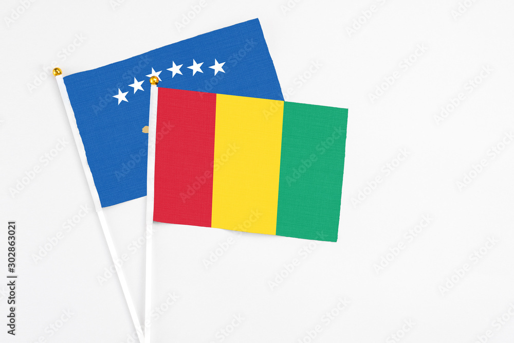 Guinea and Kosovo stick flags on white background. High quality fabric, miniature national flag. Peaceful global concept.White floor for copy space. Guinea and Kosovo stick flags on white background. High quality fabric, miniature national flag. Peaceful global concept.White floor for copy space.