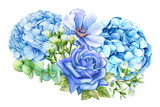 bouquet of blue flowers, rose, lily, hydrangeas, crocuses,  eucalyptus, succulent, watercolor illustration