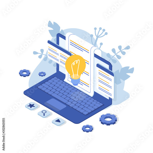Customer support concept with laptop. Contact us. FAQ. Isometric Vector Illustration.
