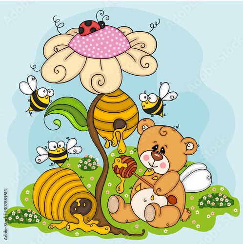  Illustration of greedy teddy bear eating honey