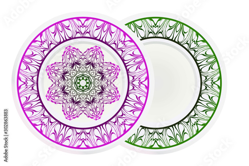 decorative plates for interior design. Empty dish, porcelain plate mock up design. Vector illustration. Decorative plates with stilish ornament patterns. Home decor background.