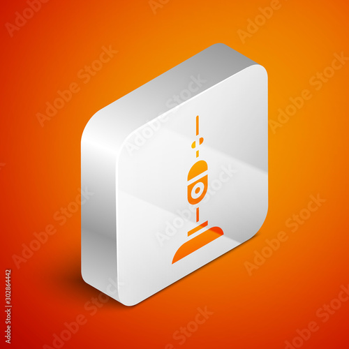 Isometric Vacuum cleaner icon isolated on orange background. Silver square button. Vector Illustration