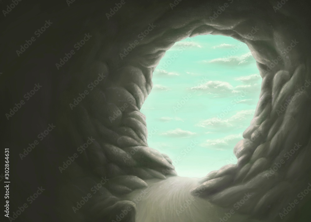 Freedom and hope concept , surreal cave human head with the sky, mind, imagination, painting illustration - obrazy, fototapety, plakaty 