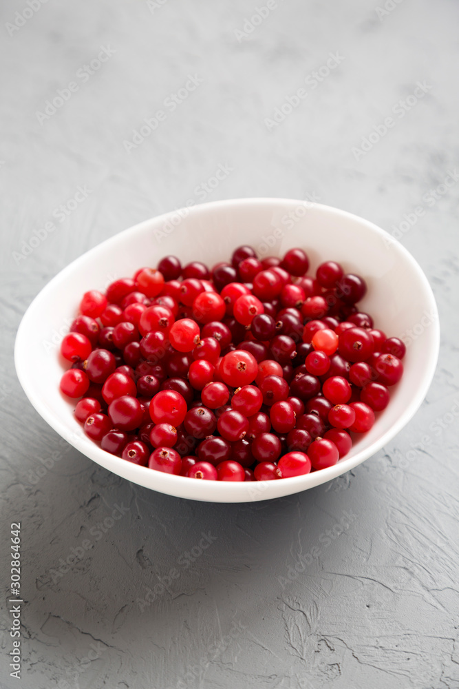 Ripe organic cranberries in a white bowl over gray background, side view. Ripe organic cranberries in a white bowl over gray background, side view.