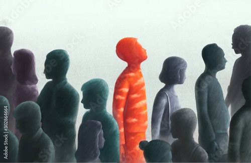 Unique and freedom concept surreal painting illustration, red man looking at the sky in crowd, contrast, leadership, hope
