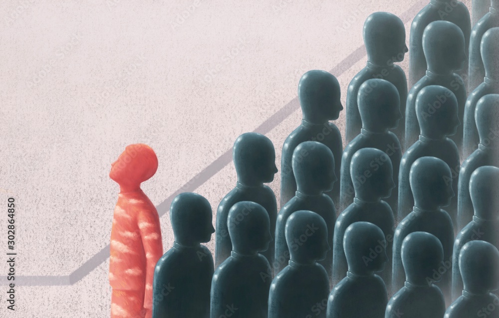 © Jorm Sangsorn - Unique and freedom concept surreal painting illustration, red man looking at the sky in crowd, contrast, leadership