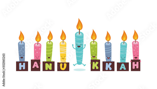 Greeting card for jewish holiday of Hanukkah. Funny candle characters holding signs with greetings