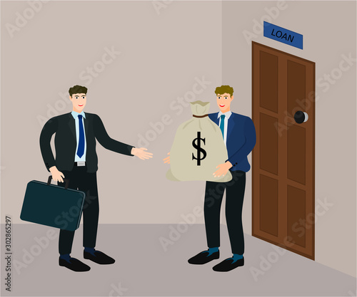 Businessman success agreement to loan money from creditor , vector cartoon