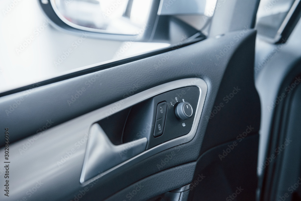 Close up detailed view of interior of brand new modern car