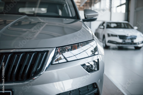 Particle close up view of modern brand new automobile