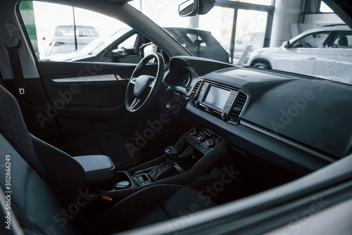 Close up detailed view of interior of brand new modern car © standret