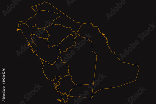 Saudi arabia golden outline map vector black background