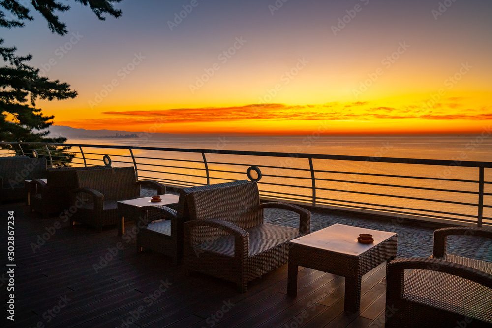 Beautiful view of Black Sea from Tsikhisdziri resort Castello Mare at sunset.