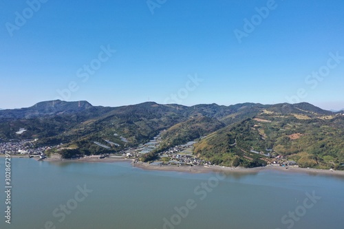 Aerial view of the village along the sea