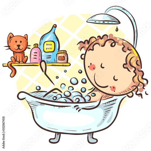 Cartoon girl taking bath at home, vector drawing