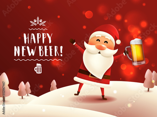 Drunk Santa with beer mug. New year lettering greeting card. Vector poster with Santa Claus holding craft beer and handwritten typography. WInter forest background.